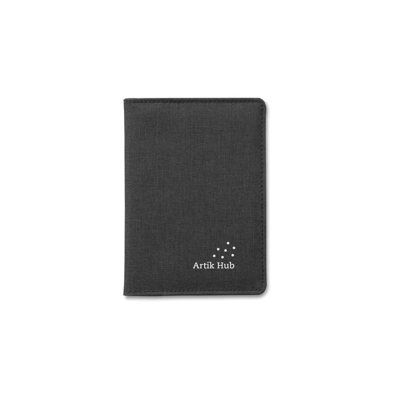Support de passeport 2 tons personnalisé - SHIELDOC Matières : PET Couleurs : noir goodies publicitaire événementiel