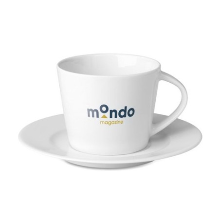 Tasse et soucoupe Cappuccino personnalisée élégante à Paris Matières : porcelaine Couleurs : blanc cadeau entreprise pas cher