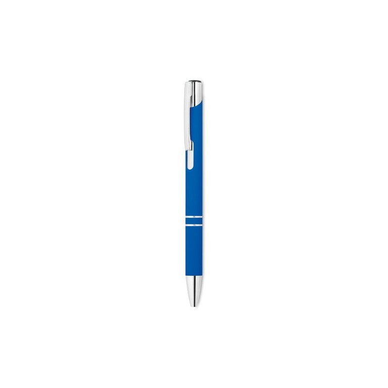 Stylo bille poussoir personnalisé finition AOSTA Matières : aluminium Couleurs : bleu royal personnalisation rapide en France
