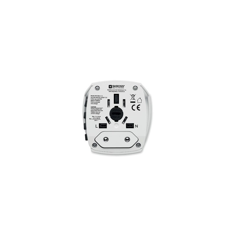 Adaptateur Universel Personnalisé Haute Sécurité 2-Pole MUV Micro Matières : ABS Couleurs : blanc personnalisable avec votre log