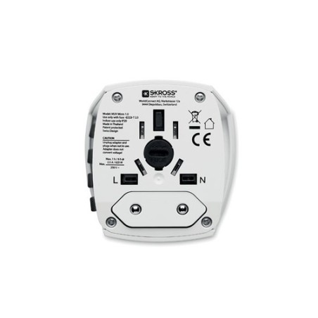 Adaptateur Universel Personnalisé Haute Sécurité 2-Pole MUV Micro Matières : ABS Couleurs : blanc personnalisable avec votre log