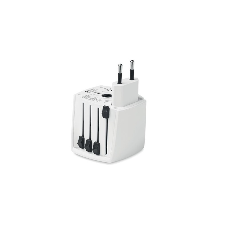 Adaptateur Universel Personnalisé Haute Sécurité 2-Pole MUV Micro Matières : ABS Couleurs : blanc goodies publicitaire événement