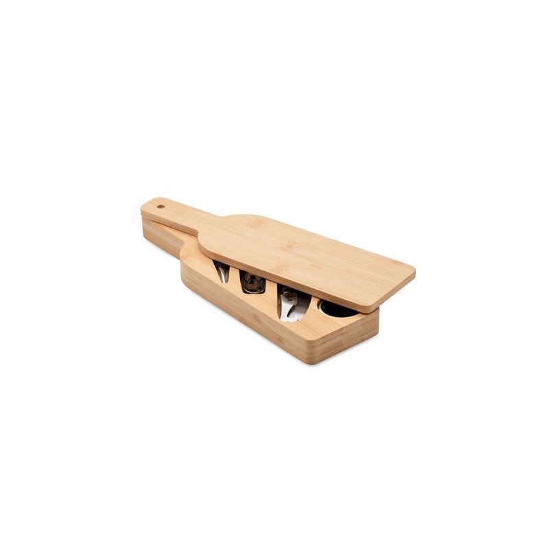 Coffret personnalisé de accessoires à vin en forme de bouteille - VINOVAULT Matières : bambou Couleurs : bois personnalisable av