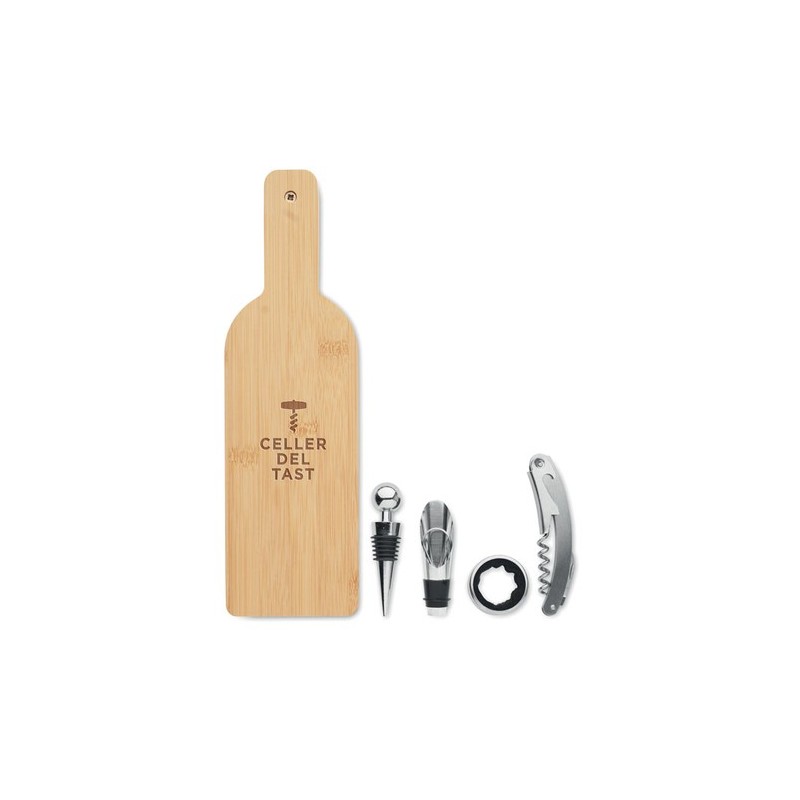Coffret personnalisé de accessoires à vin en forme de bouteille - VINOVAULT Matières : bambou Couleurs : bois goodies publicitai