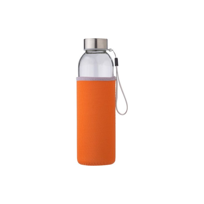 Bouteille en verre personnalisée de 500 ml avec housse Nika Matières : néoprène Couleurs : noir impression logo haute qualité