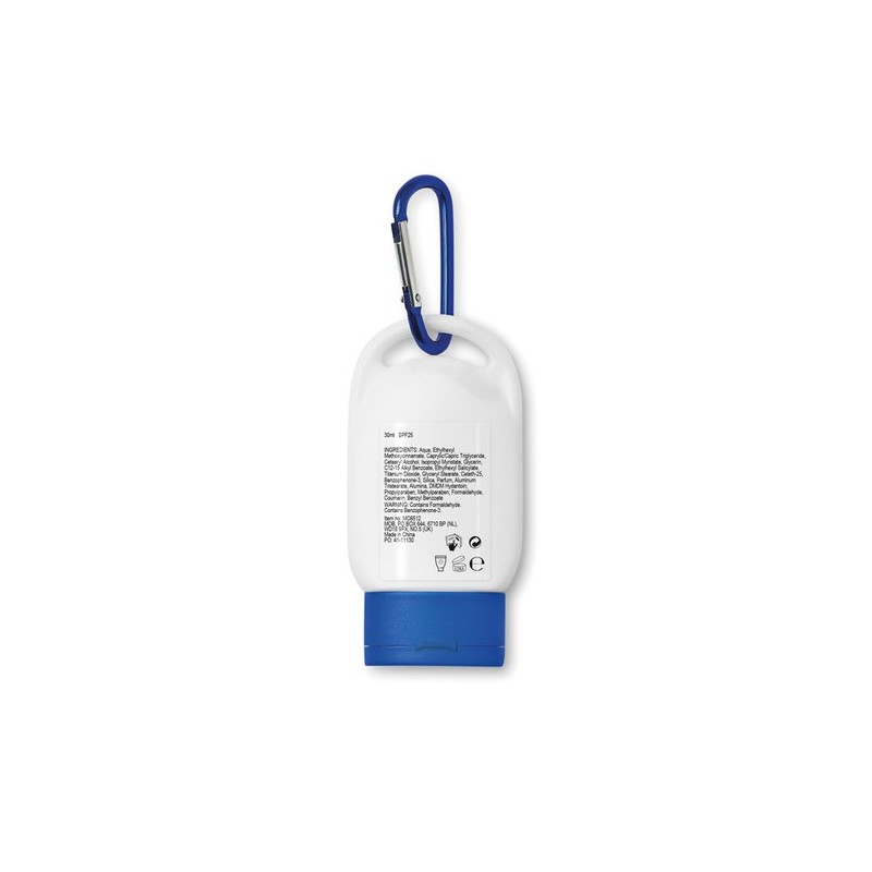 Crème solaire personnalisée SPF25 - SUNCARE Matières : polyéthylène (PE) Couleurs : bleu accessoire événementiel unique