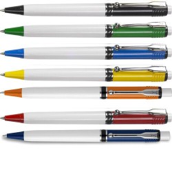 Stylo à bille personnalisable en plastique Raja Norina Matières : nickel Couleurs : bleu foncé livraison express 24h 48h