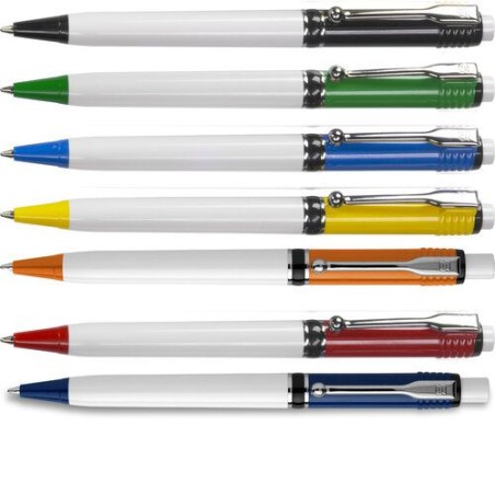 Stylo à bille personnalisable en plastique Raja Norina Matières : nickel Couleurs : bleu foncé livraison express 24h 48h