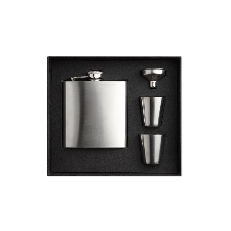 Flacon de poche  avec gobelets personnalisés - SLIMMY FLASK SET Matières : acier inoxydable Couleurs : argenté mat