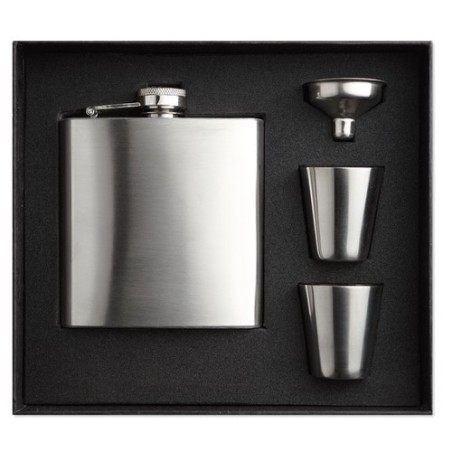 Flacon de poche  avec gobelets personnalisés - SLIMMY FLASK SET Matières : acier inoxydable Couleurs : argenté mat