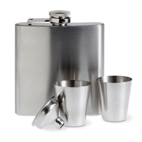 Flacon de poche  avec gobelets personnalisés - SLIMMY FLASK SET Matières : acier inoxydable Couleurs : argenté mat cadeau entrep
