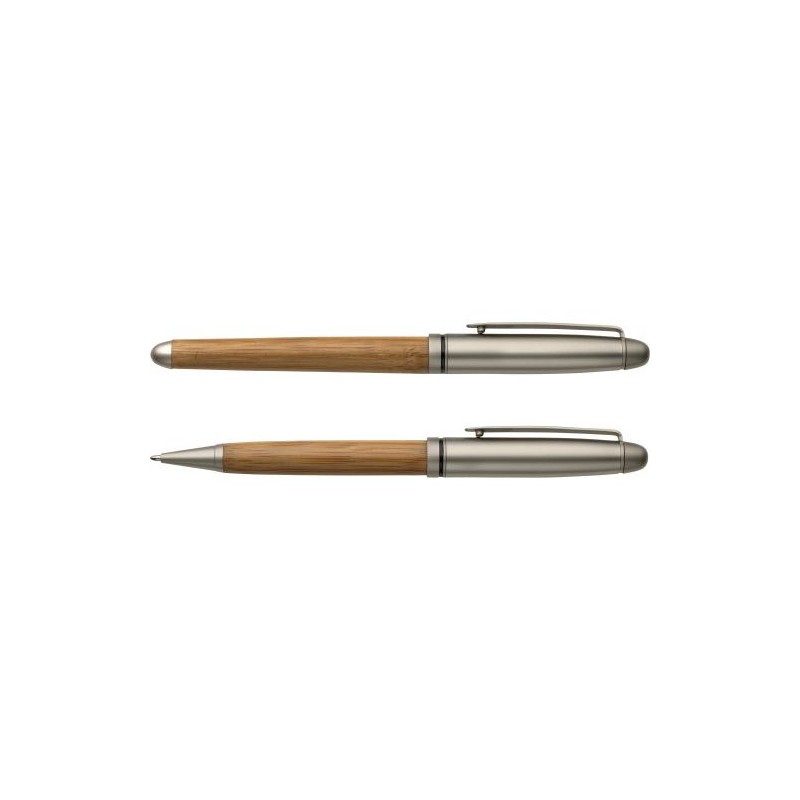 Parure Écriture Éco-responsable en Bambou : Stylo Bille et Roller Addie Matières : acier Couleurs : brun personnalisable avec vo