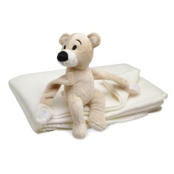 Couverture polaire personnalisée avec ours - MANTA Matières : PET Couleurs : blanc marquage laser ultra précis